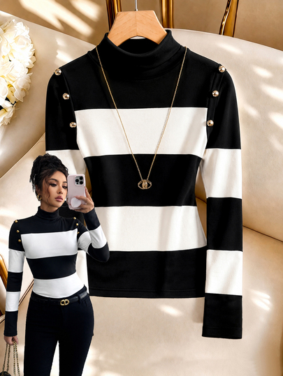 Selianne T-shirt ajusté à col montant et manches longues pour femmes, blocs de couleurs noir & blanc, design avec décoration de boutons, patchwork de larges rayures horizontales noir & blanc, manches longues blocs de couleurs segmentées, style minimaliste preppy commuter, convient pour le trajet au bureau, les courses quotidiennes, la superposition, top de base mode printemps/automne