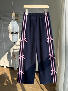 SHEIN 青少年女孩休閒寬鬆側邊貼條條紋寬腿九分褲，秋季 - 藏蓝色 - 查看 3