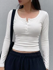 Dazy Star Autumn Casual Versatile Solid Color Long Sleeve T-Shirt - White - View 5