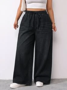 SHEIN PETITE CURVE 大尺碼休閒水洗寬腿牛仔褲 - 黑色 - 查看 3