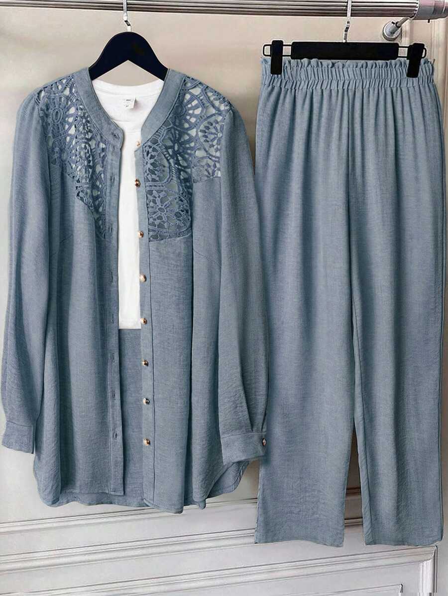 Linhara Setelan 2 Potong Kemeja Kasual Nyaman Lengan Sedang dengan Kerah Bulat, Kancing Depan Penuh, dan Celana Panjang Longgar Pinggang Elastis untuk Wanita Ukuran Plus, Warna Polos, Bahan Campuran Linen, Leher Bulat, dan Patchwork Renda + Celana Panjang Longgar Pinggang Elastis - Dusty Blue - View 1