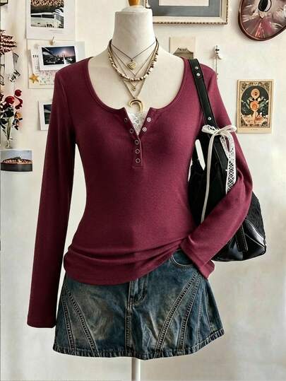 SHEIN Camiseta casual versátil de manga larga para adolescentes, color burdeos, con diseño de patchwork acanalado, cuello con botones decorativos y ribete de encaje, adecuada para primavera y otoño, ideal para salidas diarias, ir al trabajo, viajes y reuniones