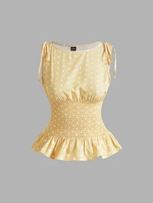 SHEIN MOD Women's Polka Dot Blouse And Skirt Fashion Set Vacation White Polka Dot Summer Vintage Cute - Yellow - View 3