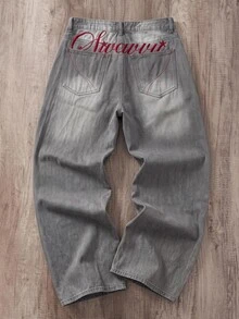 SWAVVY Men's Washed Vintage Distressed Embroidered Denim Jeans - Grey - View 1