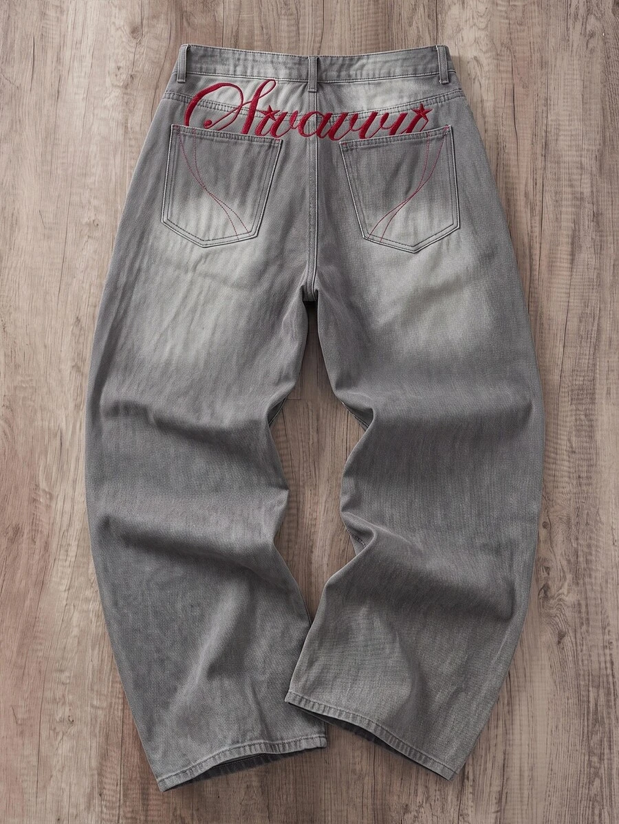 SWAVVY Men's Washed Vintage Distressed Embroidered Denim Jeans - Grey - View 1
