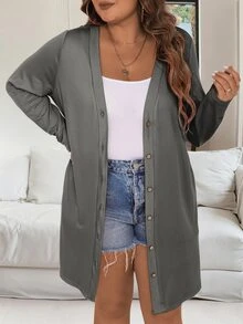 Vionelle Plus Size Autumn Casual Solid Color Jacket Fall - Grey - View 1