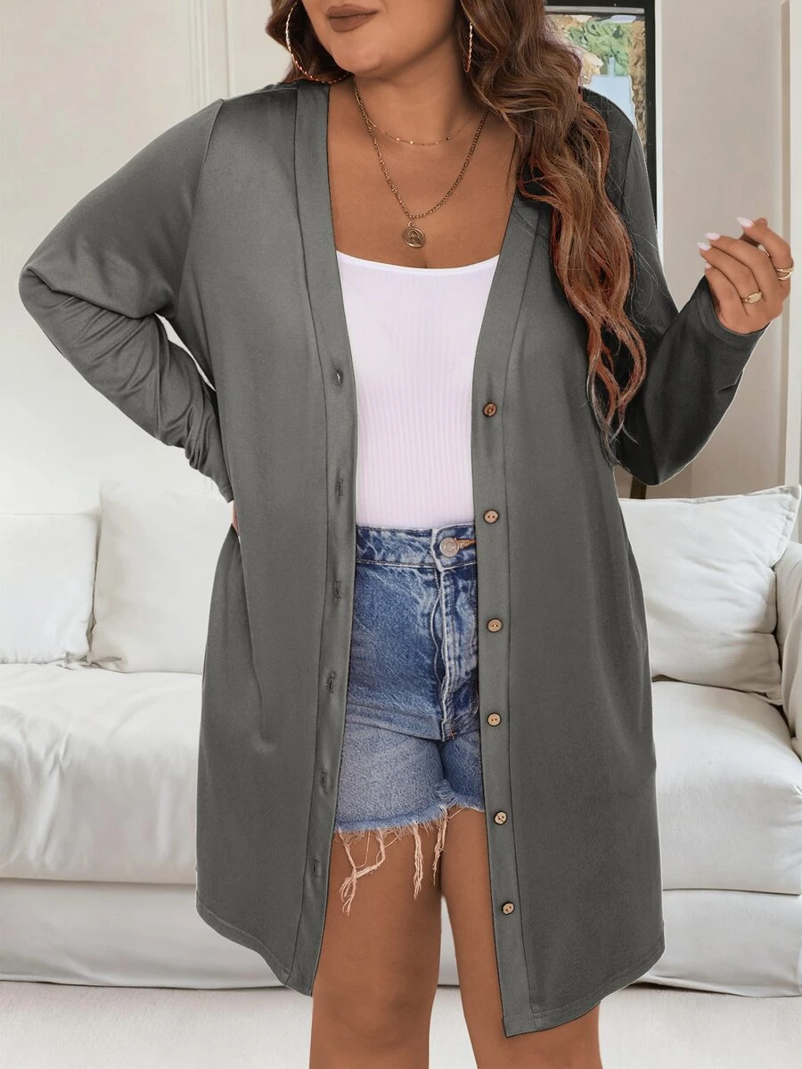 Vionelle Plus Size Autumn Casual Solid Color Jacket Fall - Grey - View 1