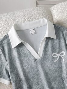 SHEIN 兒童青少年女孩春/夏多功能簡約學院風V領短袖T恤，腰部抓褶修身肩線，休閒 Polo 衫與長褲兩件套，返校穿搭 - 彩色 - 查看 7