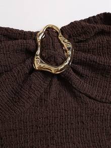 Sweetra Women's Elegant 2 Pieces Brown Knit Slim Fit Set With Metal Decoration - Coffee Brown - View 5