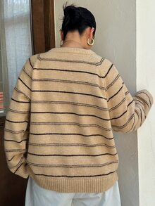 Dazy Plus Sweater Rajut Pullover Lengan Panjang Kerah Bulat Longgar Bergaris Blok Warna Kasual Streetwear Musim Gugur/Dingin - Khaki - View 2