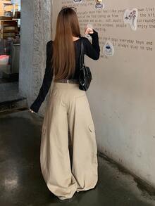 DAZY Celana Jeans Denim Kasual Kotak-kotak Wanita dengan Saku untuk Musim Gugur - Khaki - View 8