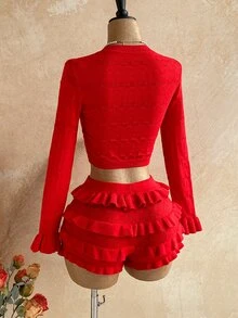 Soleia Women's Holiday Casual Cute Romantic Elegant Long Flare Crop Top And Ruffle Low-Waist Mini Skirt 2 Pieces Set, Beach Everyday Party Autumn - Red - View 2
