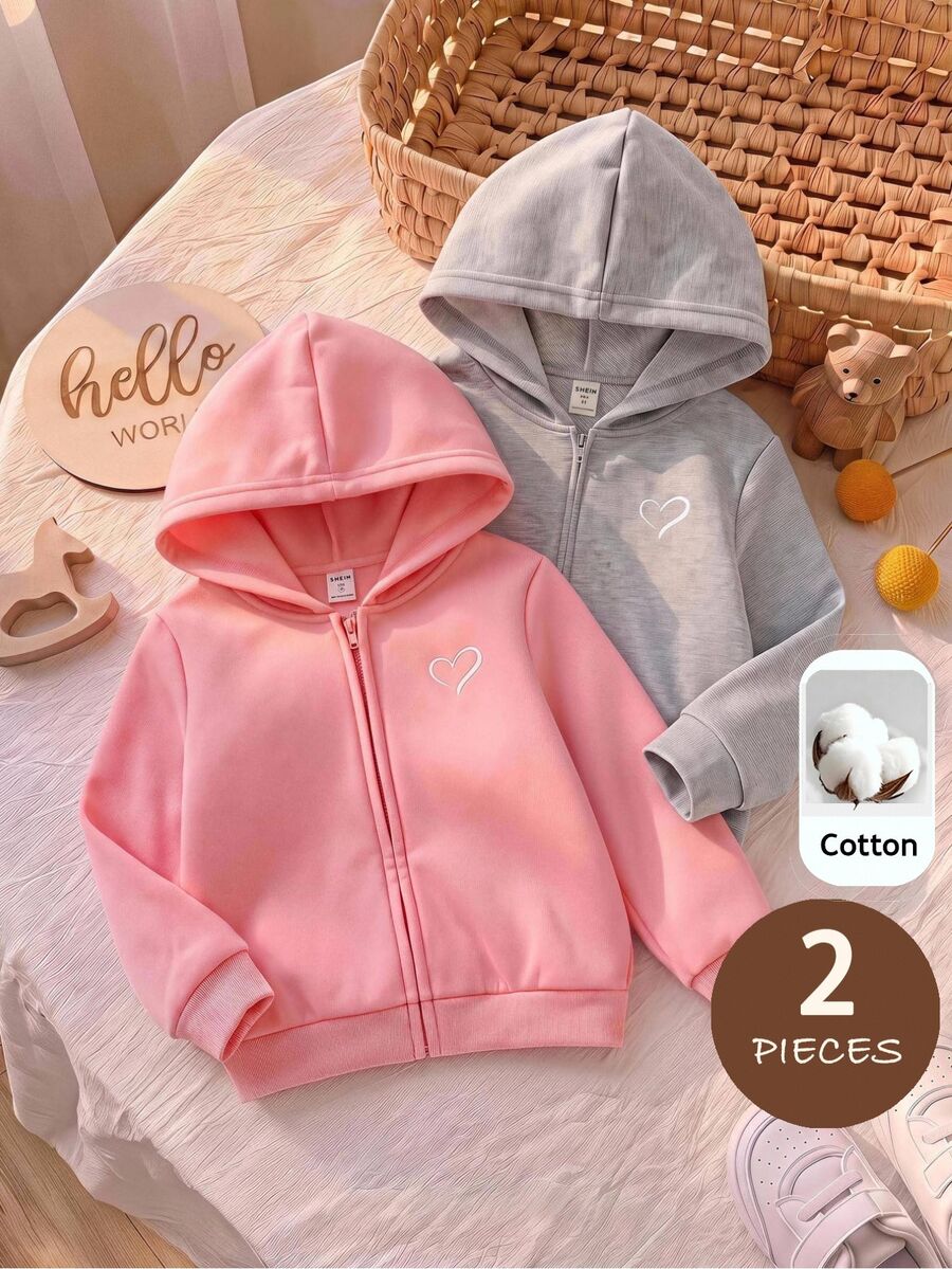 SHEIN Young Girl Solid Color Kids Heart Pattern Knitted Hooded Casual Autumn Sweatshirt 2pcs -Piece Set - Multicolor - View 1