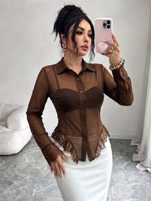 Elenzga 女款純色網紗長袖單排扣蕾絲下擺襯衫 - 摩卡棕 - 查看 3