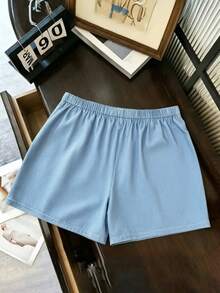 Franclia Plus Size Women Light Blue Faux Denim A-Line Split Skort, High Waist Anti-Exposure 2 In 1 Skirt - Blue - View 2