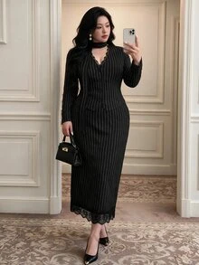 Vibekara Plus Size Striped 2-Piece Suit Set, Bodycon Skirt, Slim Fit Contrast Lace, Elegant Sexy, Brown-Red, Early Autumn - Black - View 3