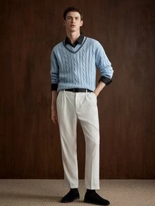 Manfinity CityGents 男士復古粗針編織V領長袖百搭毛衣 - 藍色 - 查看 6
