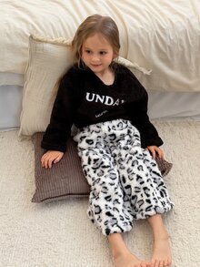 DAZY Setelan 2 Potong Kasual Motif Leopard Lengan Panjang Tebal Leher Bulat untuk Anak Perempuan, Pakaian Santai Musim Gugur/Dingin dengan Kombinasi Warna - Hitam - View 3