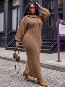 Slaydiva Plus Size Women's Knit Dress, Coffee Cowl Neck Drawstring Thick Rib Plus Size Maxi Sweater Dress - Coffee Brown - View 3
