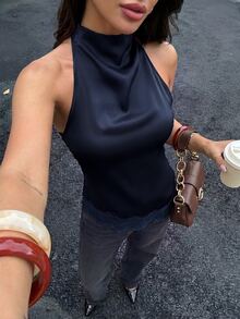Firerie 女款性感露背荷葉領蕾絲拼接上衣，優雅適合派對、通勤與度假，優雅蕾絲飾邊露背上衣，性感緞面拼接無袖上衣，適用於派對、雞尾酒會、正式場合、商務休閒及其他場合，日常通勤女款上衣 - 藏蓝色 - 查看 4