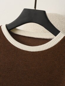 GlowEve Gentle Elegant Brown Colorblock Round Neck Long Sleeve Knit Dress, Slim Fit Flattering Ribbed Bodycon Mini Dress, Simple Versatile Commuter Hot Girl Style Dress - Brown - View 3