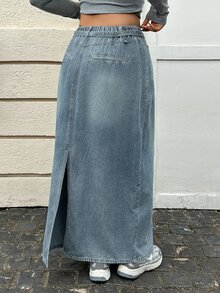 Dazy Plus Autumn High Waist Drawstring Light Blue Washed Slim Straight Long Denim Skirt - Medium Wash - View 2