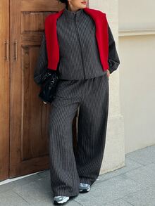 Livesso Autumn/Winter Wool Jacket & Straight Leg Casual Pants Set, Loose Fit Business Casual Fashion Pinstripe 2 Pieces Outfit - Dark Grey - View 4