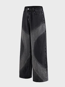 AXEPEAK Men's Patchwork Contrast Color Washed Black & Grey Vintage Long Pants - Multicolor - View 3
