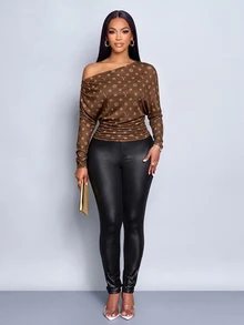 SOLERSUN Women's Brown Monogram Print Off Shoulder Long Sleeve TopRuched Slim Fit Tee With Stretch Fabric - Brown - View 5