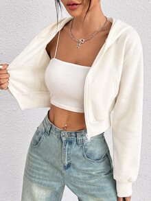 SHEIN PETITE Y2K 拉鍊短版連帽衛衣 秋冬款 - 米色 - 查看 5