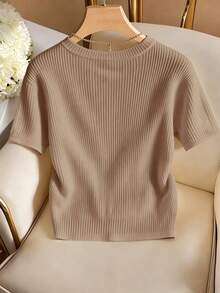 Franclia Elegant Round Neck Knit T-Shirt, Minimalist Fashion Knit T-Shirt, Summer New Arrival - Khaki - View 2