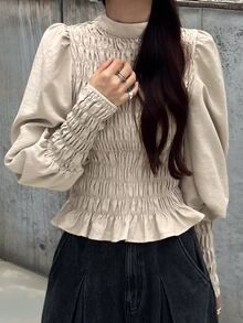 FRIFUL Women's Solid Color Pleated Casual Versatile Daily Long Sleeve T-Shirt Fall - Apricot - View 6