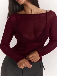 SHEIN BAE 女款優雅性感休閒日常羊絨輕量針織透視上衣，適合打造經典百搭上衣、休閒上衣、黑色上衣、百搭上衣、通勤上衣、2合1上衣 - 紫紅色 - 查看 8