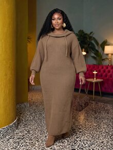 Slaydiva Plus Size Women's Knit Dress, Coffee Cowl Neck Drawstring Thick Rib Plus Size Maxi Sweater Dress - Coffee Brown - View 9
