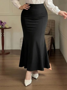 Dazy Plus Solid Color Wrap Fishtail Skirt Elegant Versatile Commute Black Long Skirt Fall Dinner Formal - Black - View 5