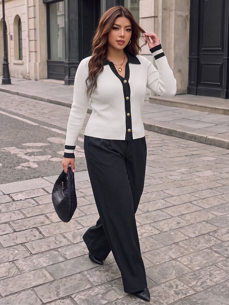 Velvienne Plus Size Women's Contrast Color Polo Collar Ribbed Knit Top, Luxury Metal Gold Button Slim Fit Long Sleeve Sweater, Colorblock Cuffs, Flattering Commuter Style, Elastic Versatile Elegant Knitwear - Black and White - View 1