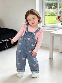 SHEIN Baby Girl T Shirt Set 2Pcs Top Spring Fall Fall Winter Casual Knit Long Sleeve Suspender Pants Daily Beige Khaki Print Sets Matching Sets - Multicolor - View 8