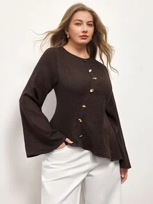 Maija Plus Size Women's Button Design Round Neck Flared Sleeve Fashion Blouse - Brown - View 5