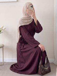 Solavon Women's Solid Color Round Neck Long Sleeve Side Knot Elegant Arabian Dress - Brown - View 7