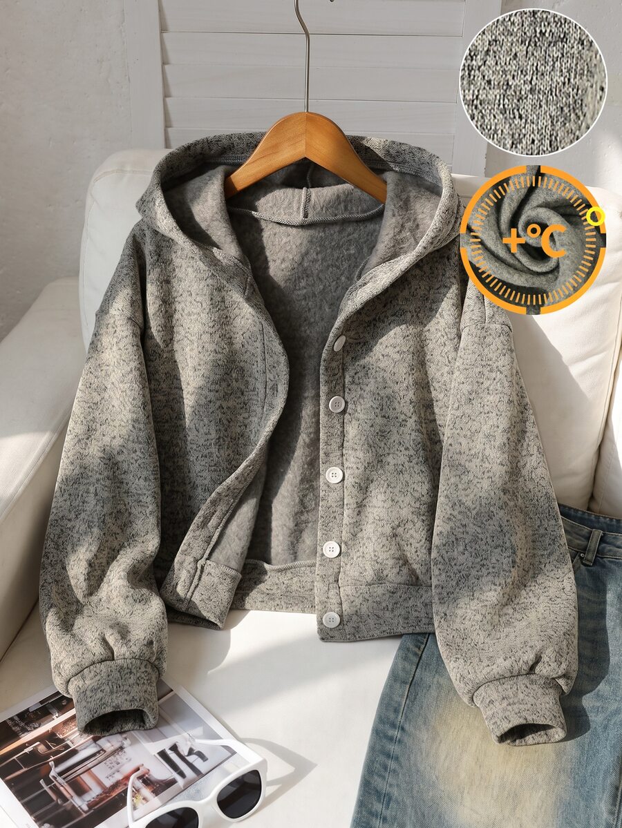 SHEIN 青少年女孩冬季套裝,休閒街頭寬鬆鈕扣連帽外套,適合學校、戶外與日常穿著,秋冬款 - 灰色 - 查看 1