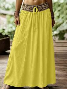 SHEIN Holidaya Damen-Rock mit Wellen-Falten, besticktem Blumenmuster und Band, geeignet für Frühling und Sommer, lässiger Alltag, eleganter Alltag, frischer Stil, Bürooutfit, vielseitiger Freizeitrock, lässige Urlaubs- und Strandkleidung, Country-Musik-Konzert-Outfit, Damen-Sommerurlaubs-Outfit, grüner Rock, Juni-Festival-Party-Rock - Gelb - Übersicht 5