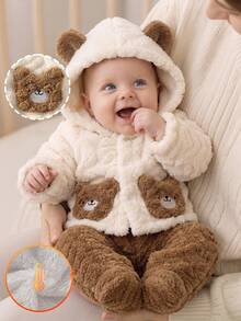 SHEIN Unisex Coral Fleece Set With Bear Embroidery For Newborn Babies, Winter Cute Style - Brown - View 1