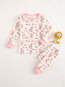 SHEIN 女嬰可愛修身卡通圖案居家服套裝 - 粉色 - 查看 4