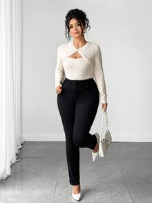 Elenzga Kaos Wanita Ukuran Besar Warna Polos dengan Desain Potongan Lengan Panjang Bergaris Slim Fit untuk Musim Gugur - Aprikot - View 4