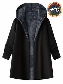 SHEIN Clasi 女款優雅秋冬加厚保暖內裡長款連帽大衣 黑色 - 灰色 - 查看 6