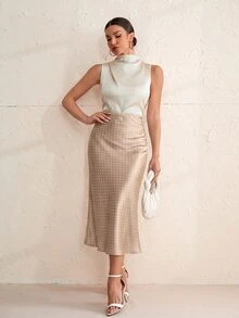 Aveloria Modichic 女款修身中長緞面紋理高腰魚尾下擺優雅香檳白波點裙 緞面裙 度假風 - 棕色 - 查看 4
