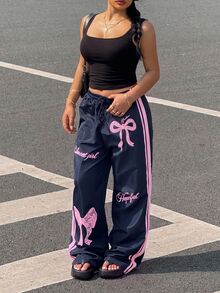 Muchica Plus Size Women's Pink Bow Navy Blue Side Stripe Long Pants - Navy Blue - View 7