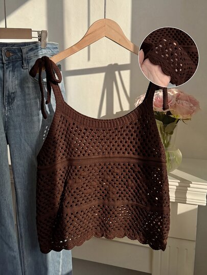 Comfortcana Plus Size Women's Large Mesh Hollow Out Lace-Up Knit Tank Top