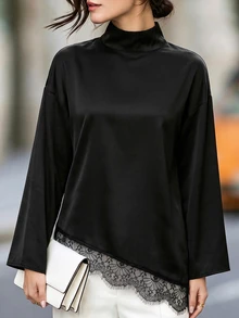 Balvessa Blus Lengan Panjang Wanita Elegan Warna Polos dengan Hiasan Renda dan Patchwork - Hitam - View 4