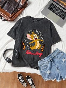 TOM & JERRY X SHEIN SHEIN EZwear 大尺碼休閒卡通印花圓領T恤，適合外出與返校季 - 黑色 - 查看 8